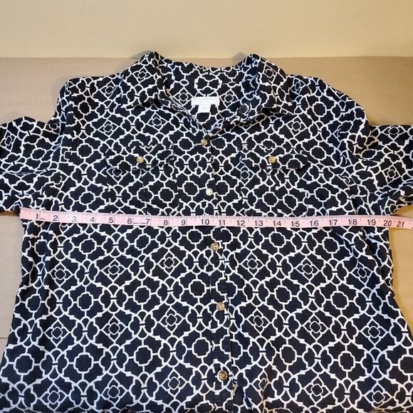 100% Linen Black & White Button Down Shirt w Roll Sleeves - Picture 11 of 13